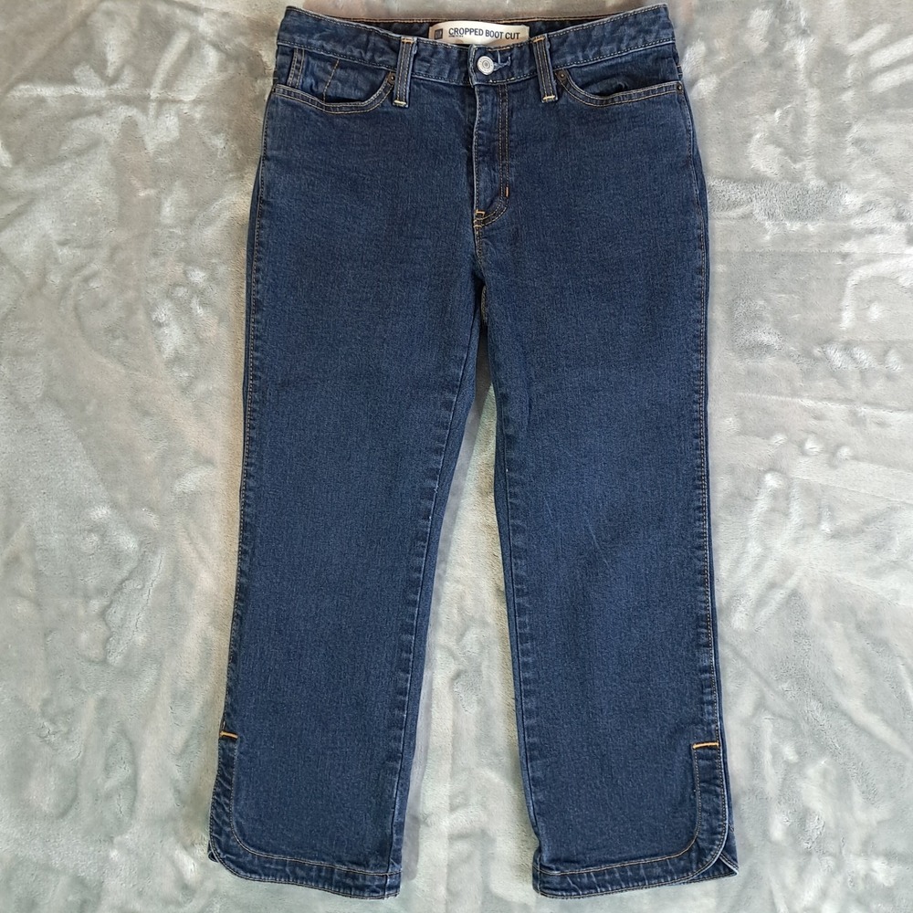 Gap Cropped Boot Cut Jeans 4 27 Blue Side Slit Split Hem Mid Rise Stretch Denim